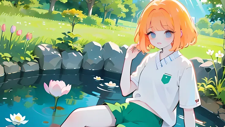 (high quality) (best quality) (a woman) (correct physiognomy) A woman with orange hair, big blue eyes, white skin, with a calm expression, surrounded by green plants and tulip flowers in a pond in the middle of the forest, butterflies flying around. lofi p...