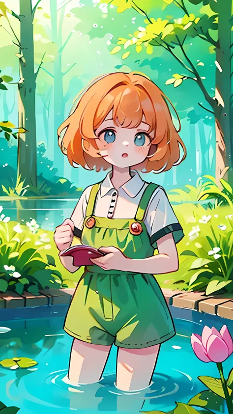 (high quality) (best quality) (a woman) (correct physiognomy) A woman with orange hair, big blue eyes, white skin, with a calm expression, surrounded by green plants and tulip flowers in a pond in the middle of the forest, butterflies flying around. lofi p...