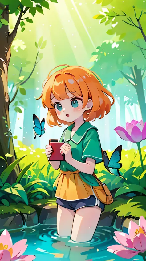 (high quality) (best quality) (a woman) (correct physiognomy) A woman with orange hair, big blue eyes, white skin, with a calm expression, surrounded by green plants and tulip flowers in a pond in the middle of the forest, butterflies flying around. lofi p...