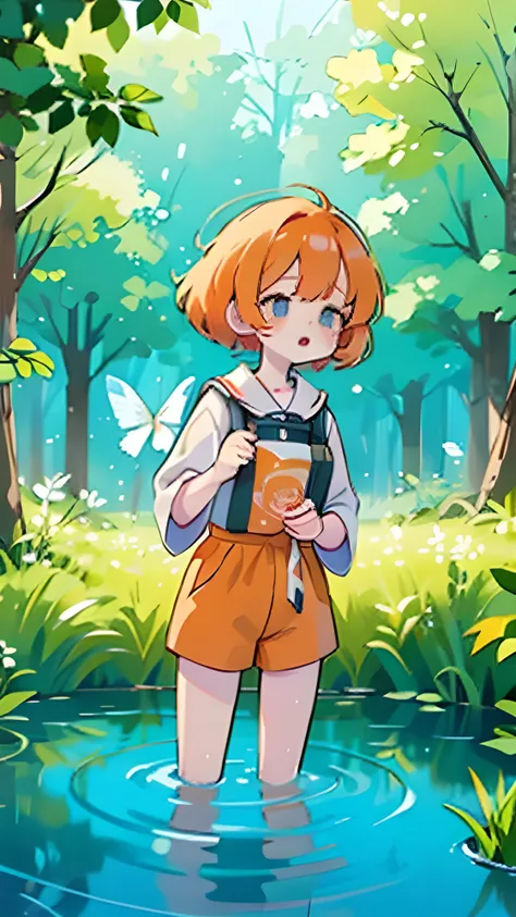 (high quality) (best quality) (a woman) (correct physiognomy) A adult woman with orange hair, big blue eyes, white skin, with a calm expression, surrounded by green plants and tulip flowers in a pond in the middle of the forest, butterflies flying around. ...