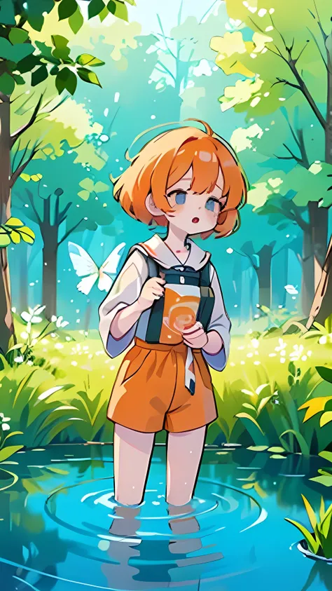 (high quality) (best quality) (a woman) (correct physiognomy) A adult woman with orange hair, big blue eyes, white skin, with a calm expression, surrounded by green plants and tulip flowers in a pond in the middle of the forest, butterflies flying around. ...