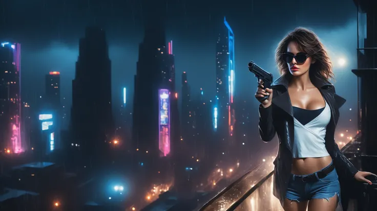 (Hyper-realistic photograph:1.4), Captivating scene under the rain at night on a rooftop, a sexy slim woman, large breast cleavage, with short brown hair, three-quarters view, Black trench coat, (black sunglasses, holding a short gun), with a dark rainy ci...