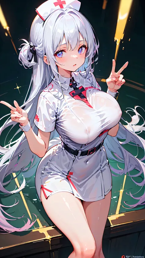 Ultra-high resolution, 8k,high quality,(((low length,、Young Girl、nurse))),(Dynamic Angle,Cunning Hand),(、glowing、iridescent light,soft shadow,Anime Painting,thin line drawing),One Little Woman,(((Big Breasts、Super big breasts、Symmetrical breasts))),