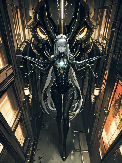 ((Biopunk art)), (hans giger style), (view from above), dark biopunk horror art, full body portrait, (biopunk girl), dark biopunk cityscape, highly detailed