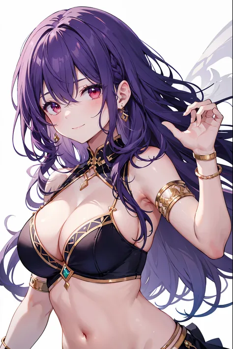 1girl, white background, red eyes, long hair, purple hair, belly dancer, circlet, earrings, armlets, bracelets, bashful smile, large breasts, cleavage, soft stomach