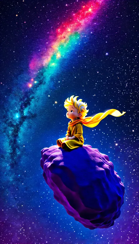The Little Prince atop a majestic, multi-hued meteor, as it rises through the starry cosmos, shedding vibrant celestial dust and evoking a sense of infinite awe and wonder.