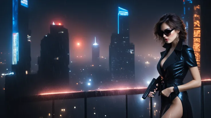 (Hyper-realistic photograph:1.4), Captivating scene under the rain at night on a rooftop, a sexy slim woman, large breast cleavage, with short brown hair, three-quarters view, Black trench coat, (black sunglasses, holding a short gun), with a dark rainy ci...