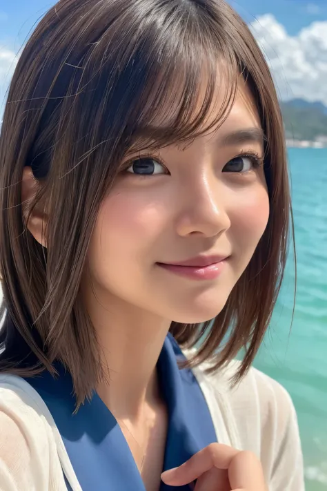 realistic, photogenic, with the sea in the background, wearing school uniform, the top button of the upper cloth is open, a little exposed at chest, skirt is short and just reaching above the thighs, middle-length hair, hair color mixes bronde and brown, h...