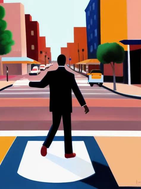 A painting of a person standing in the middle of the street,