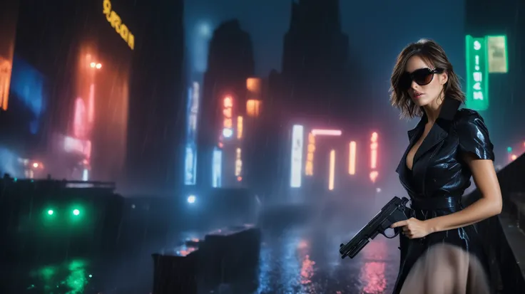 (Hyper-realistic photograph:1.4), Captivating scene under the rain at night on a rooftop, a sexy slim woman, large breast cleavage, with short brown hair, three-quarters view, Black trench coat, (black sunglasses, holding a short gun), with a dark rainy ci...