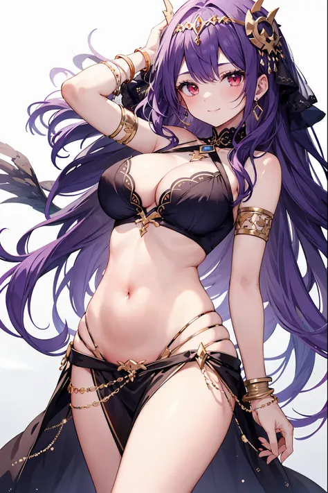 1girl, white background, red eyes, long hair, purple hair, belly dancer, circlet, earrings, armlets, bracelets, bashful smile, large breasts, cleavage, soft stomach