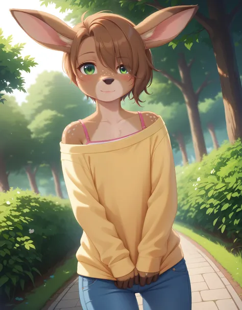 solo, 1girl, female, lotte, deer girl, furry female, body fur, animal nose, snout, animal ears, green eyes, brown hair, short ha...