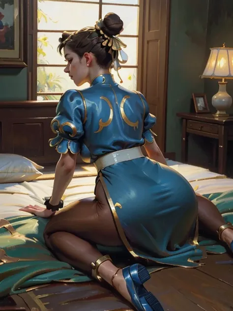 (aoc:1.1), (oil painting:1.4), from behind, ((lying face down on the bed)), accentuate butt, (curvaceous, on all fours, stick bu...