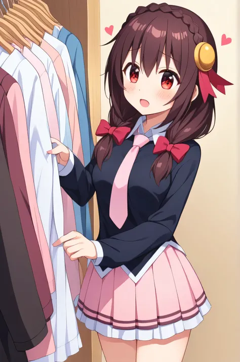 alone, One person, Yunyun, (Mouth open)、 (blush:1.2)、Crown braids of the same color as your hair, Red Eyes、hair ornaments, Hair Ribbon, Pink tie, Black long sleeve, Pink Skirt, Knee socks, Cleavage, cloth shop、They seem to be enjoying choosing clothes.、St...