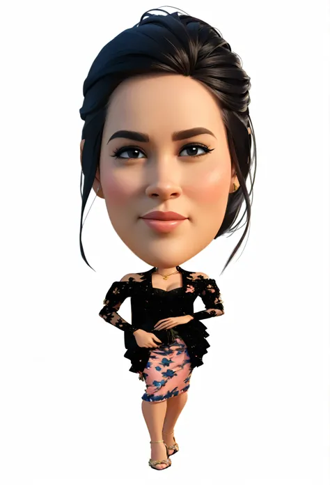 3d cartoon caricature, A woman with tied hair, Elegant, stylish, cute, beautiful hair, 3D render, 3D Cartoon, big head, cartoonish look, high resolution, super detail, soft lighting