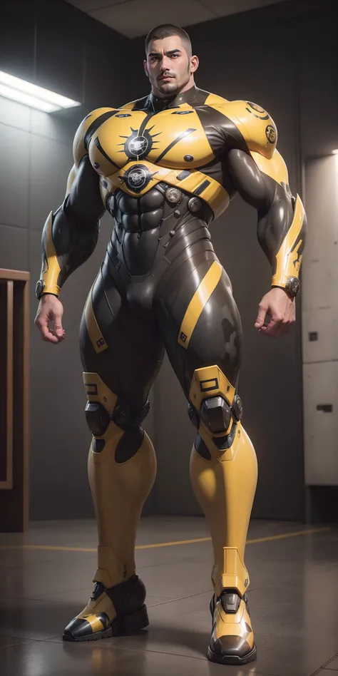 Tall giant muscular police officer，Buzz Cut，Very long legs，Yellow and black camouflage patterned nano mecha，Honeycomb pattern，Lightweight texture，Character Concept（Resident Evil - Chris Redfield，Chris Redfield）senior police officer，Small grid texture，Regul...