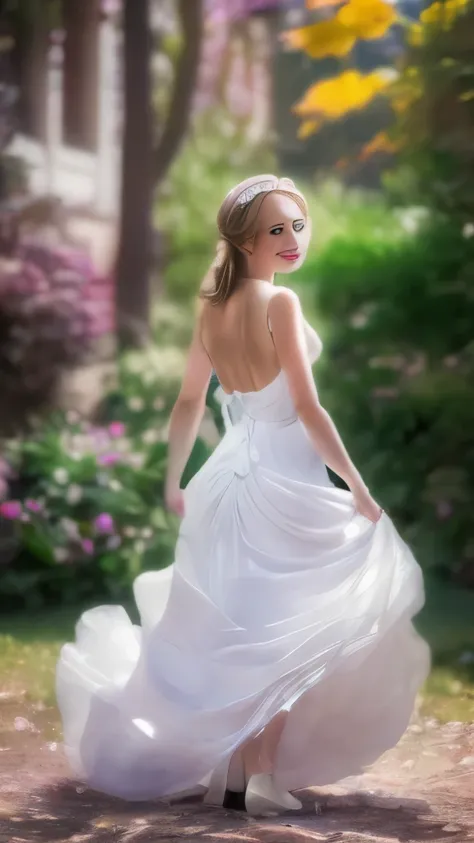 (photo realistic:1.55), masterpiece, best quality, detailed, blurry, depth_of_field, blurry_background, blurry_foreground, 1girl, gloves, white_gloves, dress, motion_blur, photo_(medium), solo, white_dress