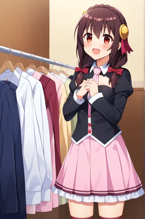 alone, One person, Yunyun, (Mouth open)、 (blush:1.2)、Crown braids of the same color as your hair, Red Eyes、hair ornaments, Hair Ribbon, Pink tie, Black long sleeve, Pink Skirt, Knee socks, Cleavage,  cloth shop、They seem to be enjoying choosing clothes.、St...