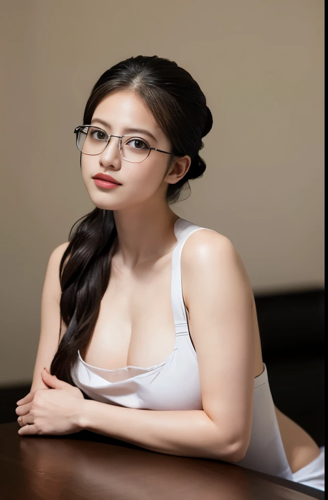 Highest quality, masterpiece, Ultra-high resolution, (Realistic:1.4), RAW Photos, 1 girl, Black Hair, Glowing Skin, Dramatic lighting, whole body, Female dog, , Small breasts,((Glasses、))、Naked Apron、Hair Up

