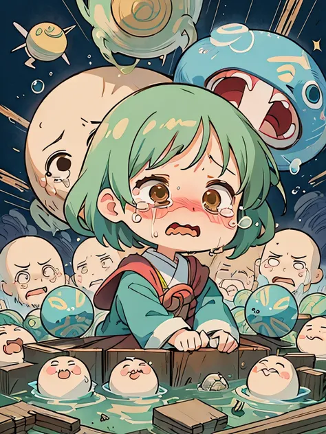 Hayao Miyazaki style, Kawaii Design, most beautiful girl ever、chibi, (((earthquake))), Lots of cute aliens, Saturn in the background, (((Crying face))), (((Big tears)))