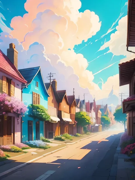 a painting of a street with flowers and houses, by sylvain sarrailh, beautifull puffy clouds. anime, beautiful anime scene, by Kubisi art, beautiful anime scenery, anime scenery, anime vibes, anime background art, anime sky, by Ryan Yee, ross tran. scenic ...