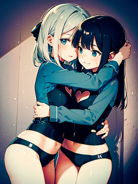 Two women are hugging each other, touch one&#39;s crotch, (a woman has green eyes, White skin, long black hair, ponytail, choker, , lipstick, assembly, eyeliner), (The other girl is blonde with brown eyes), Wearing neon sexy outfits, In the pool, (cyberpun...