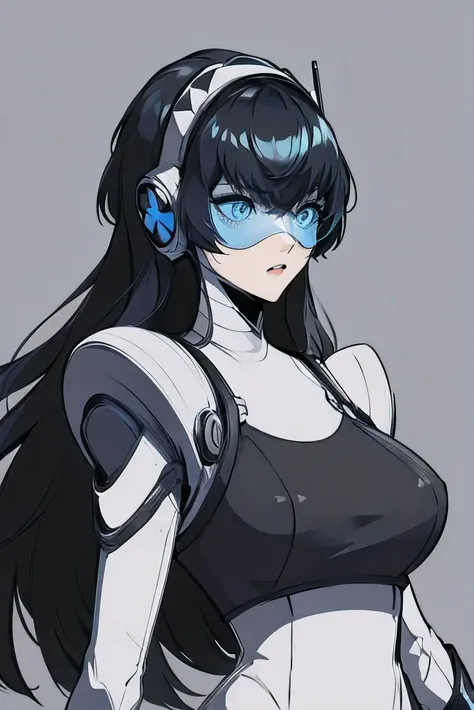 empty eyes,robotized woman ,big bust,Robot Joint ,Metal skin,Black Suit,long hair,a black suit that covers the whole body,aegis(persona3)