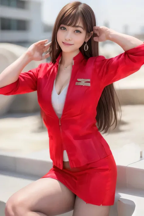 (Highest quality, masterpiece:1.2), (Realistic, photo Realistic:1.4),（AirAsia stewardess uniform realistic style）, A proper woman, Beautiful Face, Brown Hair, (Long hair down to the legs), (Red jacket, Unzipped jacket, Unbuttoned white shirt, Red mini skir...