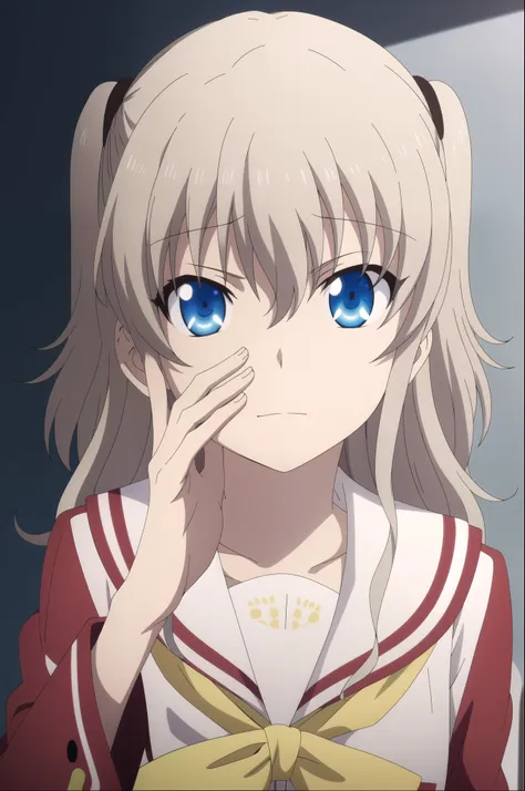 1girl, solo, best quality, masterpiece,   nao tomori,cover face with palm of hand, serafuku, sailor collar, hair between eyes, anime style, anime color, 2D