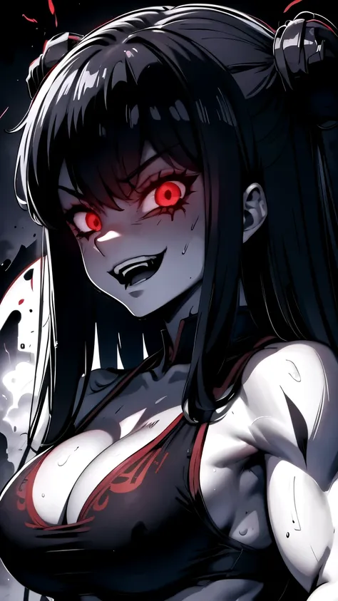 shampoo, fitness, muscular woman, sexy, beautiful, evil expression, evil eyes, big evil smile, grim, sadistic, maniac, insane, insanity, mad, , red glowing eyes, gesugao, portrait, close up, greyscale, black and white