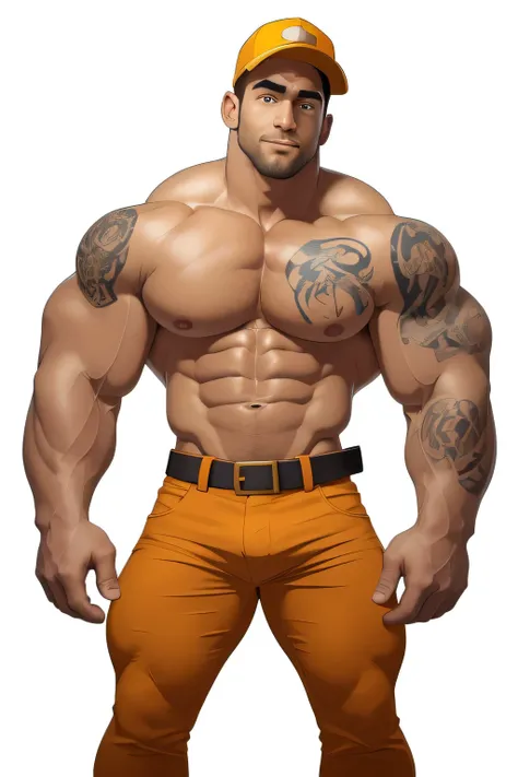 masterpiece, handsome, clear face, clear eyes, best quality, muscular, bara, shirtless, mature male ,brown anime hair, large pectorals, huge arms and hands, thick eye brows,wearing yellow safety hat, wearing orange pants and belt, cropped feet, tattooed ar...