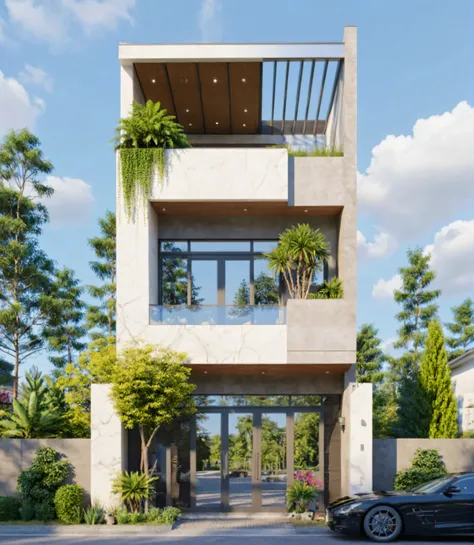 Raw photo,Masterpiece, high quality, best quality, authentic, super detail,
exterior, outdoors, house style modern on the street, marble any wall ,glass windows, gate, wooden ceiling,
road,pavement, trees, sky, cloud, (daylight:1.1)