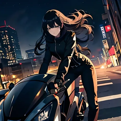 Anime Style,One person, Height: 155cm,Slender body,Small breasts,Riding jacket,Riding pants,Long Hair, Black Hair, High resolution, Anatomically correct, Winner of numerous awards, Textured skin, Slanted Eyes, Perspective, far and near method, A girl strad...