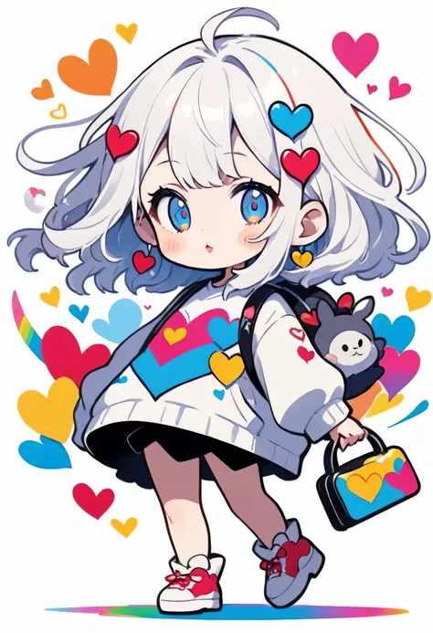 Ultra-realism Hayao Miyazaki colorful style, Simple Line Initialism，Abstract art，(((The most beautiful girl of all time))), chibi, Sweet face. Lips in love, colorful hearts, stylish design, 夏のスポーツファッション, 黒い瞳, Walking