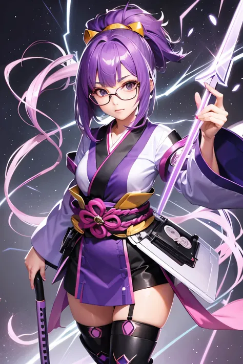 A 20-year-old female character in Japanese anime style, wearing a flashy purple haori, mini hakama, knee-high boots, bob-style hair, glasses and holding a laptop and Lightning Sword
