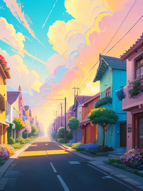 a painting of a street with flowers and houses, pixel art by sylvain sarrailh, tumblr, conceptual art, beautifull puffy clouds. anime, beautiful anime scene, beautiful anime scenery, anime scenery, anime vibes, anime background art, anime sky, ross tran. s...