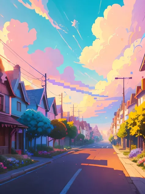 a painting of a street with flowers and houses, pixel art by sylvain sarrailh, tumblr, conceptual art, beautifull puffy clouds. anime, beautiful anime scene, beautiful anime scenery, anime scenery, anime vibes, anime background art, anime sky, ross tran. s...