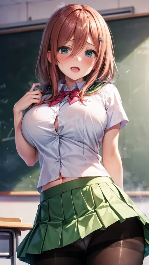 best quality,1girl,((big breasts:1.1)),((orgasm,blush,sweat,steam:1.1)),nm1, ((school uniform, white shirt, green skirt, mini skirt, pantyhose,panties under pantyhose:1.3)),classroom