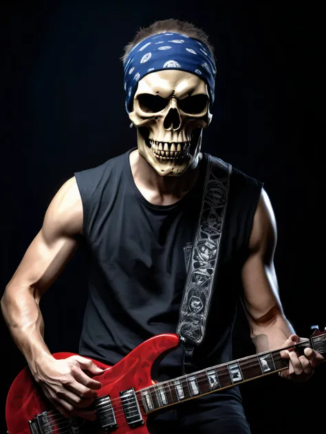 scary skull and body metal music artist from america wearing a bandana, detailed skull and upper body in a dark electric guitar ...