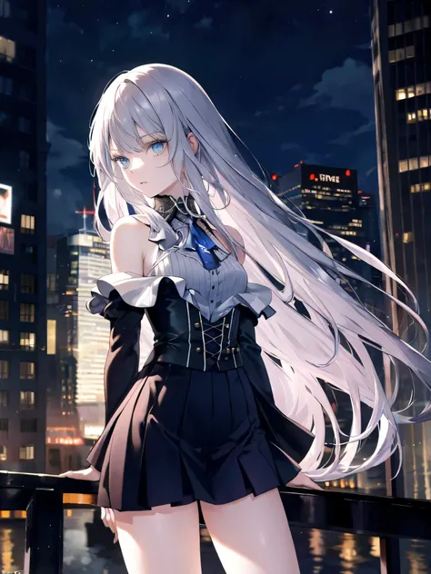 ((masterpiece)), ((best quality)), ((best illustration)), ((ultra-detailed)),((photorealistic color)), 1 lady, solo, teenager, absurdly long hair, silver hair, straight hair, ((blue eyes)), ((ultra detailed eyes)), ((ultra detailed face)), gloomy face, lon...