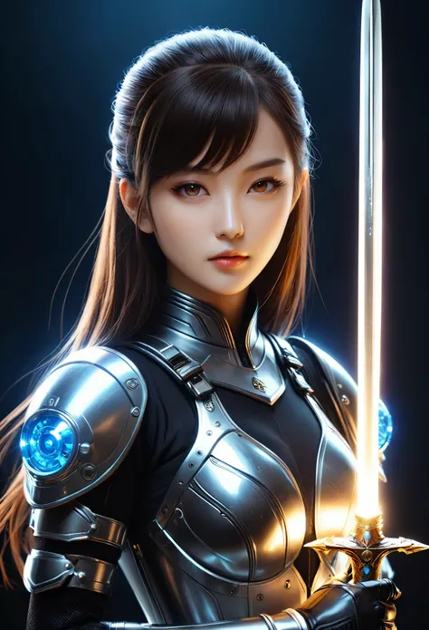 A woman in futuristic clothing holding a futuristic sword, Trending on cgstation, Trending on cgstation, (Portrait of a girl in the Knights of the Zodiac:1.4), Cute Cyborg Girl, Perfect android girl, Portrait Astronaut Girl, Beautiful girl cyborg, Girl wea...