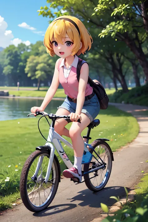 Cycling in nature, (ride a bicycle), (Houjou_Satoko), 1 female, solo, (Yellow Hair), blonde, Purple eyes, short hair, hair band, Small breasts, 11 years old, Collared shirt,Sleeveless shirt,Pink Shirt, White Belt, (Denim shorts), Attention to detail, Lus...