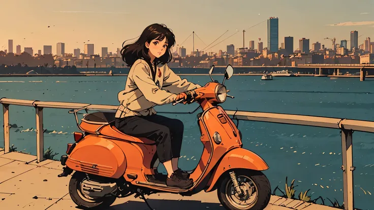 An illustration of a young woman sitting on a vintage yellow and red scooter parked near a railing. The background features a modern city skyline with tall buildings and a body of water reflecting the cityscape. The woman is wearing a colorful, casual outf...