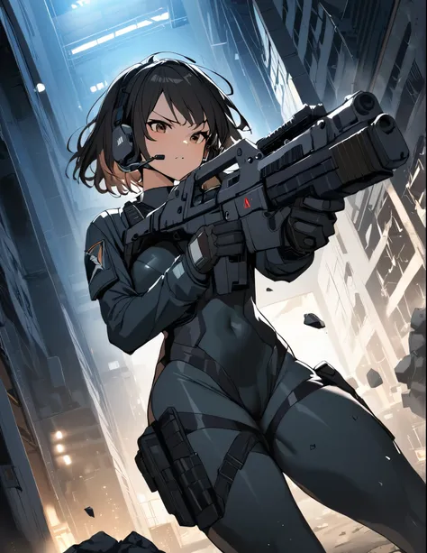 1girl, solo, short hair, black hair, brown eyes, skintight, astronaut, black leatord, tactical gear, gloves, headset, sweat, ser...