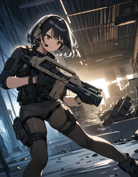 1girl, solo, short hair, black hair, brown eyes, skintight, astronaut, black leatord, tactical gear, black gloves, black ankle boots, headset, sweat, serious expression, holding gun, m41apls, aiming, trigger discipline, dutch angle, indoors, warehouse, dar...