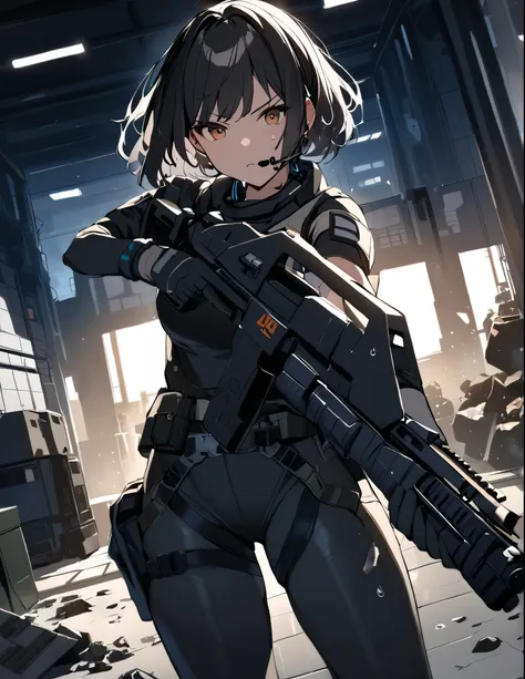 1girl, solo, short hair, black hair, brown eyes, skintight, astronaut, black leatord, tactical gear, gloves, headset, sweat, serious expression, holding gun, m41apls, aiming, trigger discipline, dutch angle, indoors, warehouse, dark, night, debris, backlig...