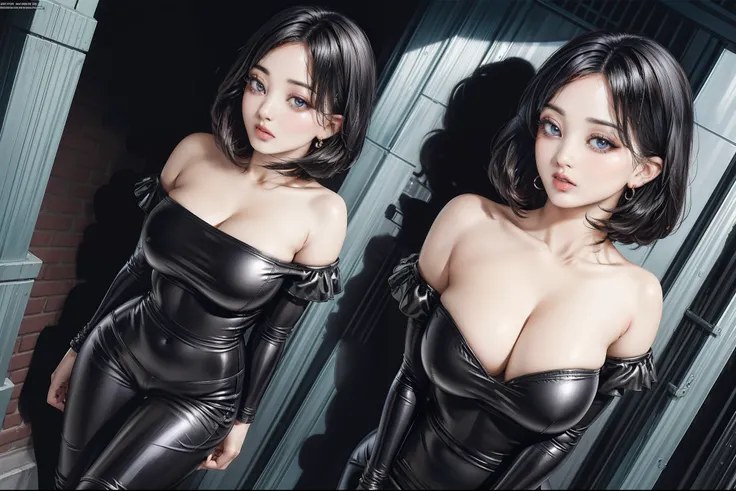 2 slim woman with big breasts wearing a very tight pvc off-shoulder wonderbra, pvc black jeans, standing in an alley, (best quality, 4k, 8k, high resolution, masterpiece: 1.2), ultra detailed, (realistic, photorealistic, photo-realistic: 1.37), vivid color...