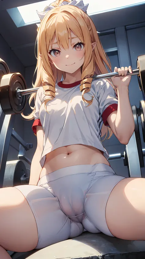 yamada elf,(chibi),blonde hair, long hair, drill hair, brown eyes, pointy ears,(white gym shirt, short sleeve,gym uniform,white bike shorts:1.3),midriff,(upper body:1.3),blush,(spread legs:1.3),(cameltoe:1.7),smile,masterpiece,Noise Reduction,perfect anato...