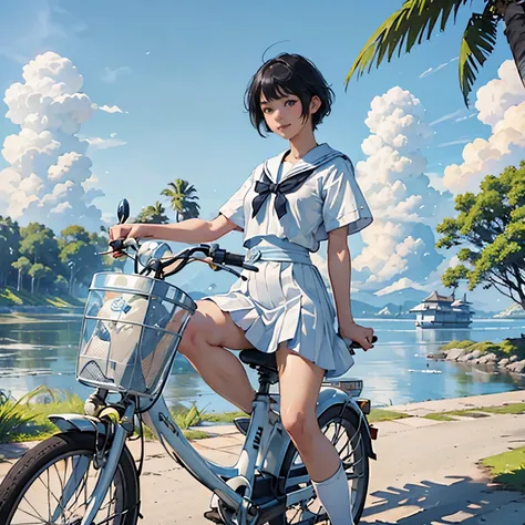 (A 15-year-old Japanese girl riding a white bicycle)、Small and cute、A white sailor dress with short sleeves、Hair color is black、black eye、Medium Hair、short hair、Straight hair、smile、Slim but well-proportioned body,、Wear loafers、Palm tree、countryside、A littl...