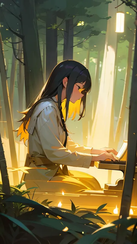 A woman playing the piano in the forest、Poured Light